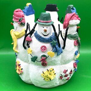 Snowman Family Candle Holder Christmas Votive Décor Resin Folk Art 4" Tall READ!